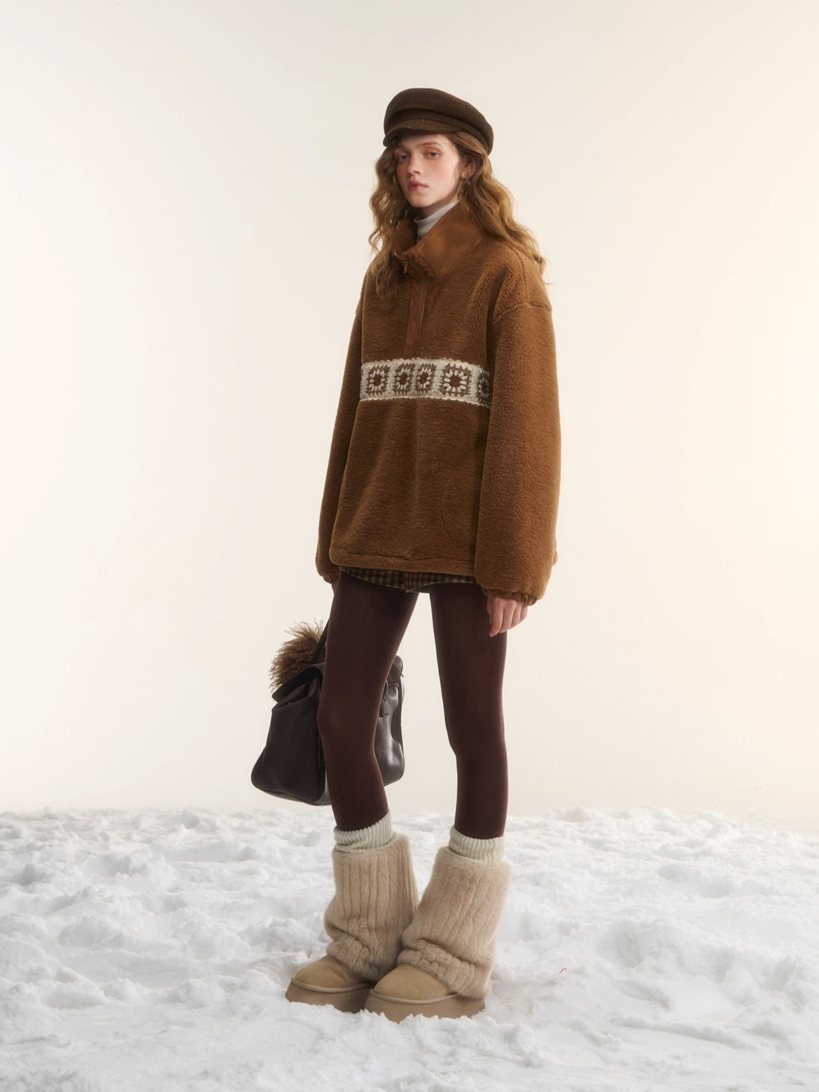 Patchwork Teddy Fleece Zip-Up Sweater