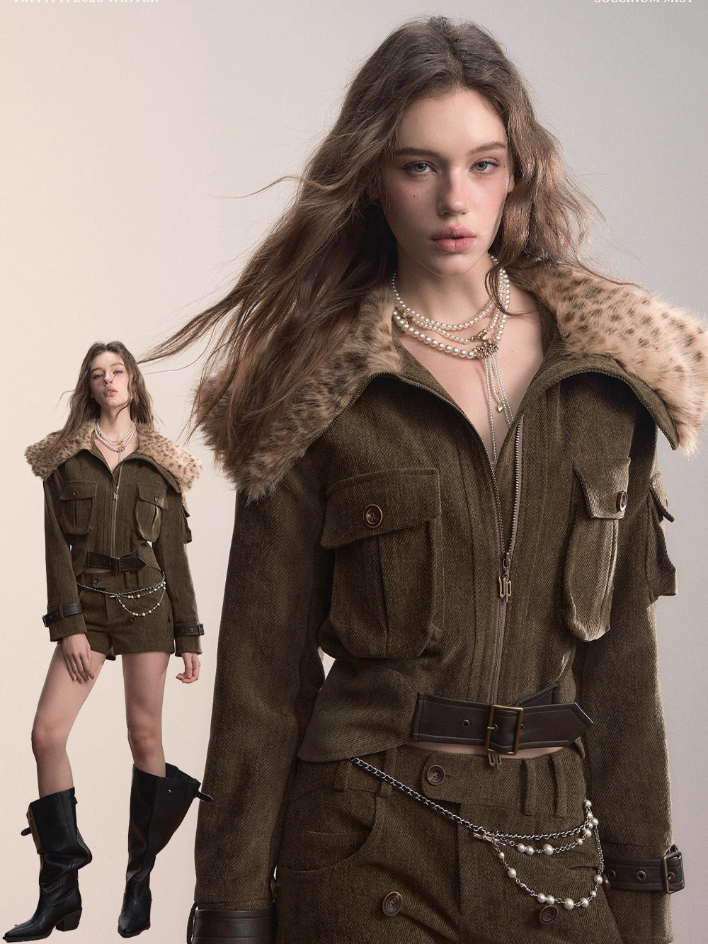 Leopard Faux Fur Collar Belted Puffer Jacket