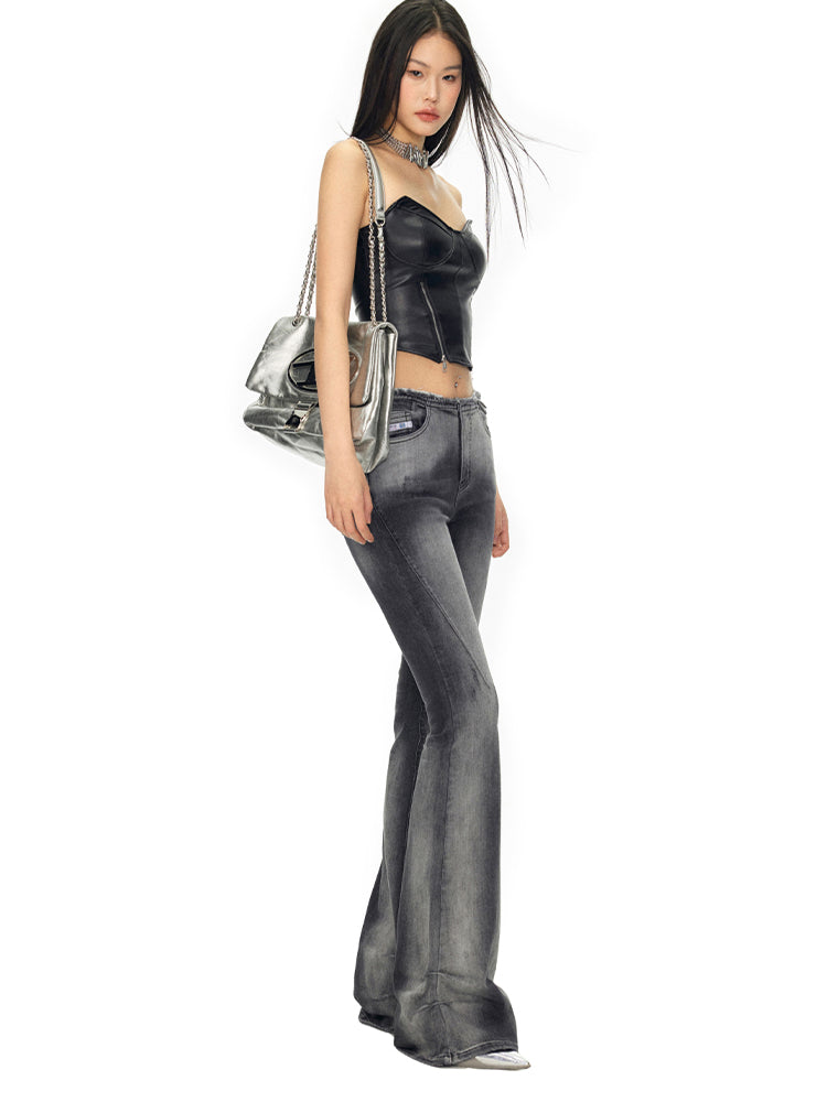 Heavy Washed High-Stretch Flared Jeans - CHINASQUAD