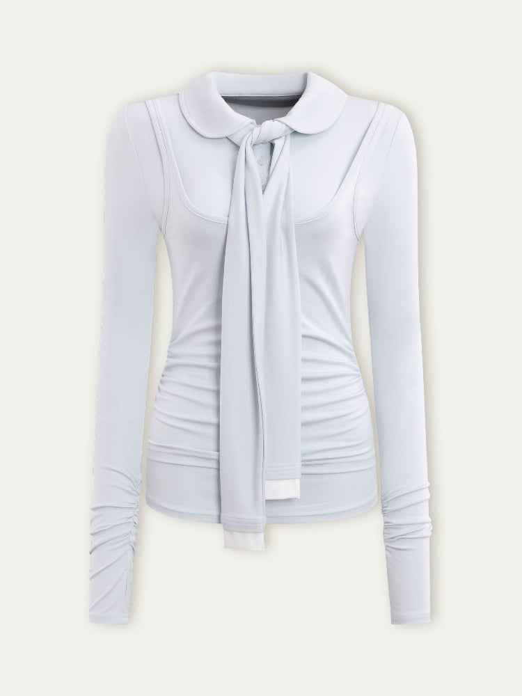 White & Blue Collared Knit Top & Skirt Set - CHINASQUAD