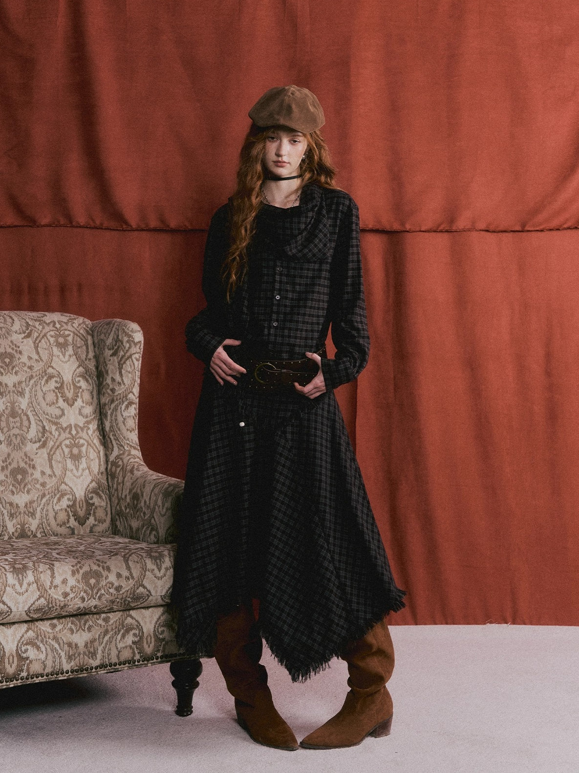 Vintage Plaid Beaded Tie-Scarf Shirt