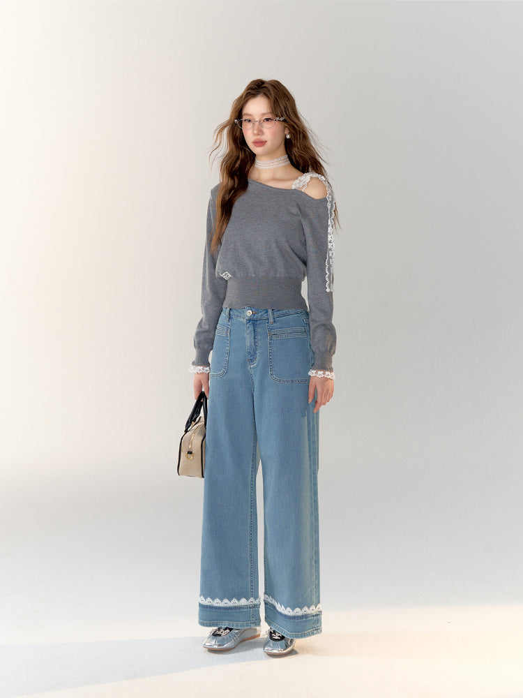 Lace Band Straight-leg Denim Jeans - CHINASQUAD