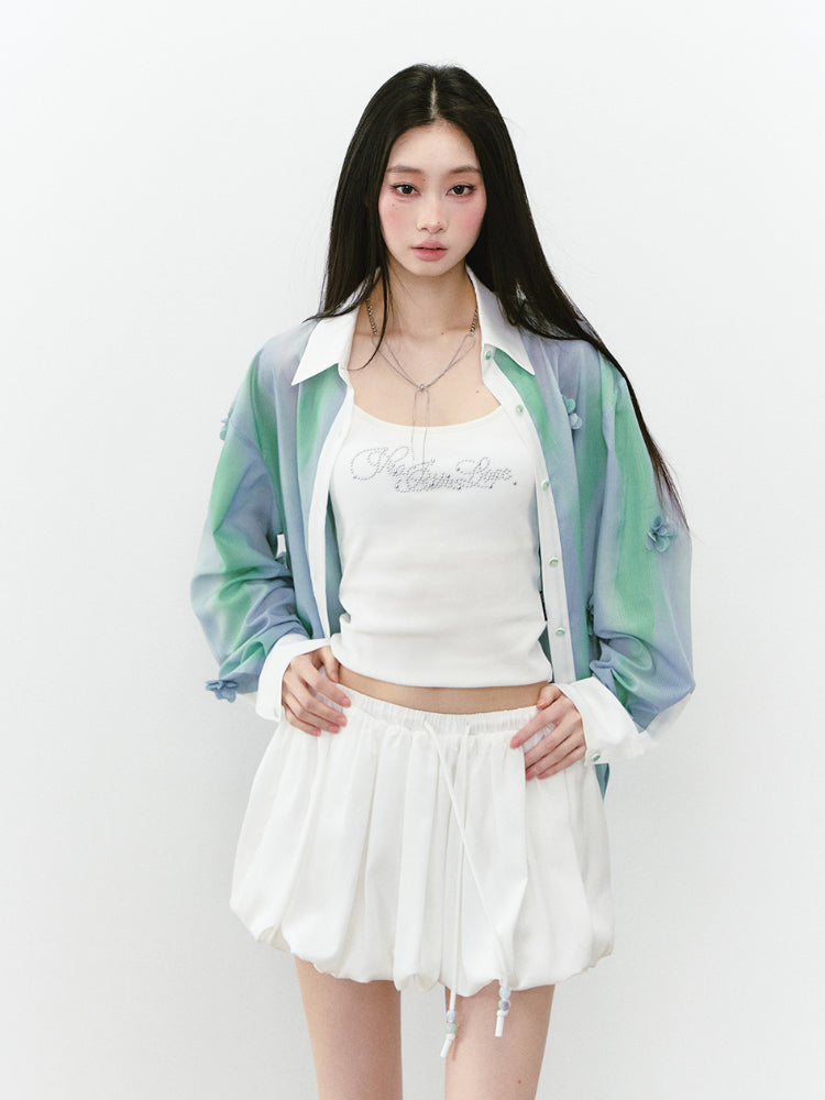 White Satin Tie-up Puff Skirt - CHINASQUAD