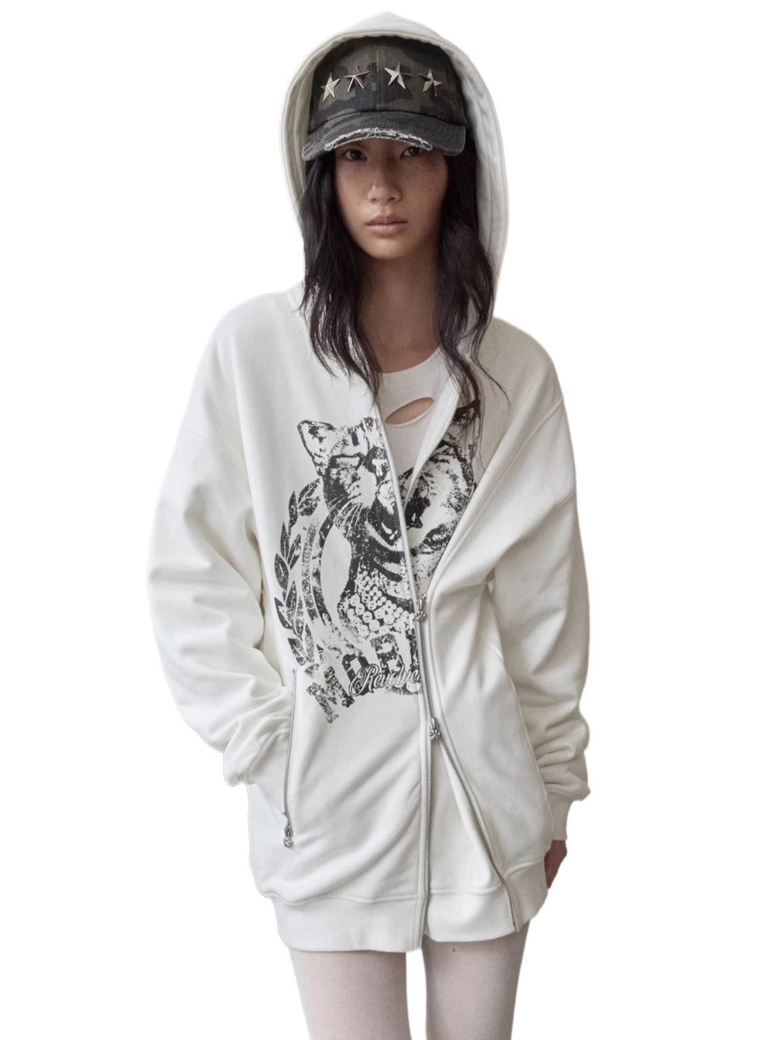 Cat Print Double-Zip Convertible Hoodie - CHINASQUAD