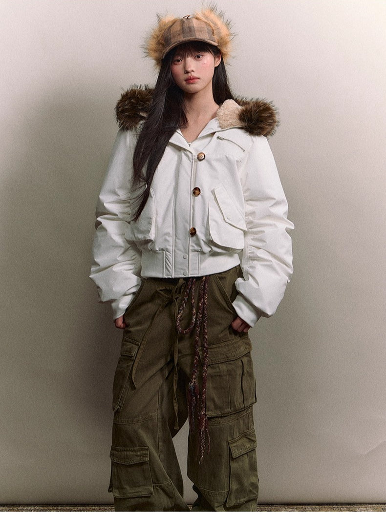 Studded Faux Fur Collar Bomber Down Jacket - CHINASQUAD