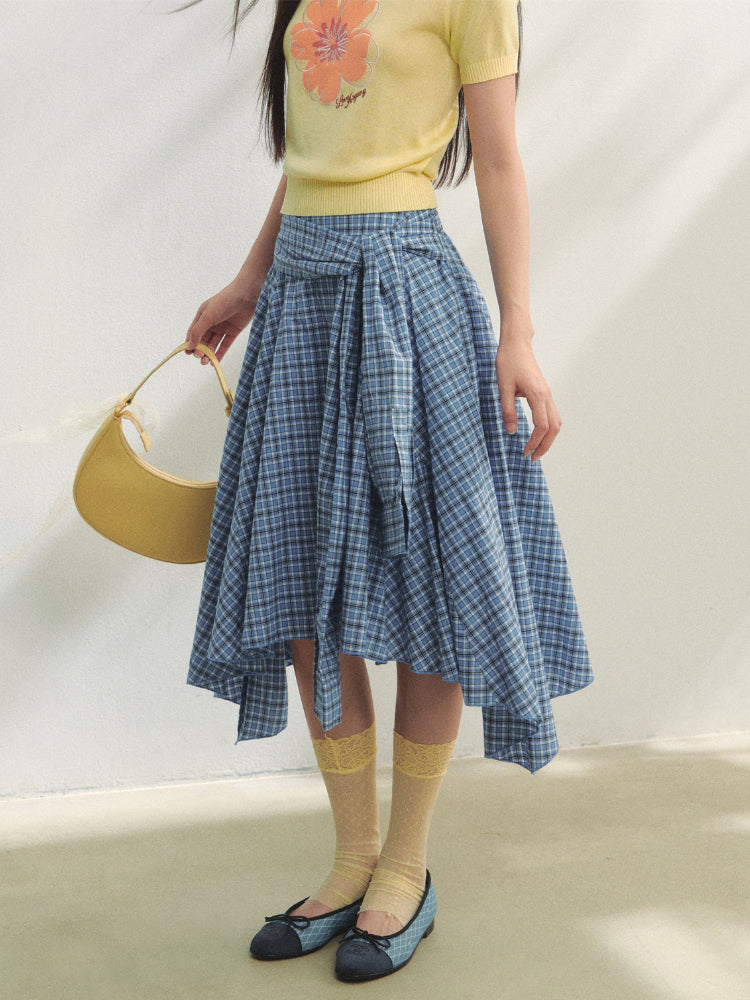 Blue Checkered Irregular Tie-Waist Skirt - CHINASQUAD