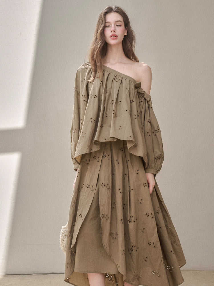 Embroidered Off Shoulder Blouse & Skirt Set