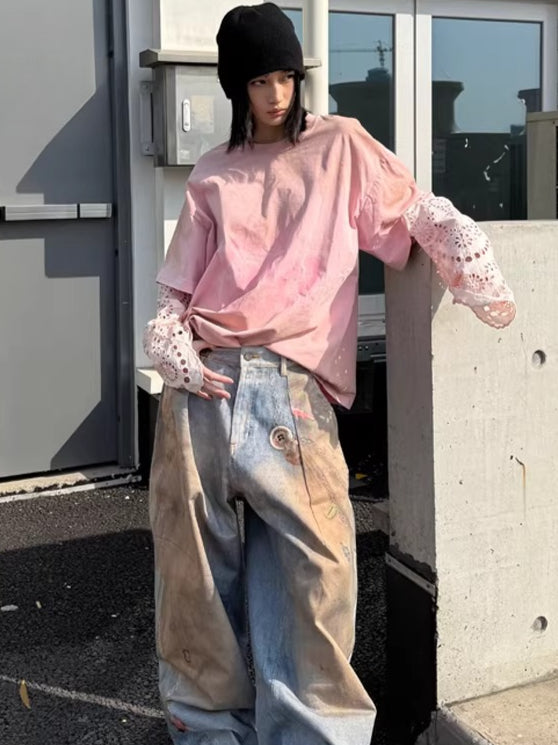Lace-Panel Spray-Dyed Cotton T-Shirt
