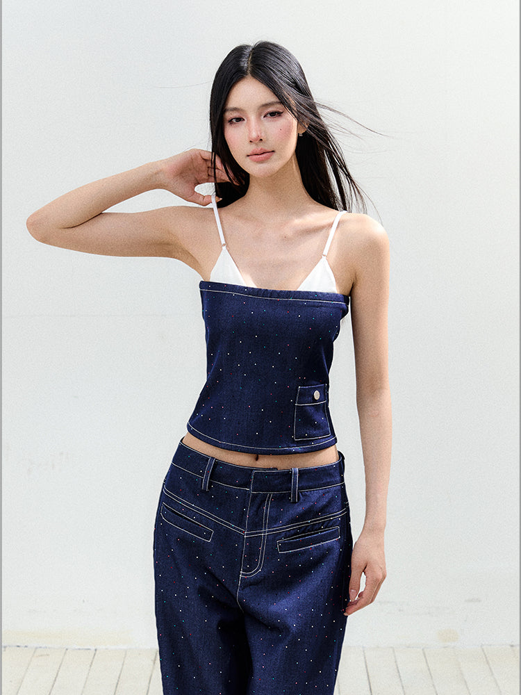 Fake Two-Piece Rhinestone Halter Top & Pant Set - CHINASQUAD