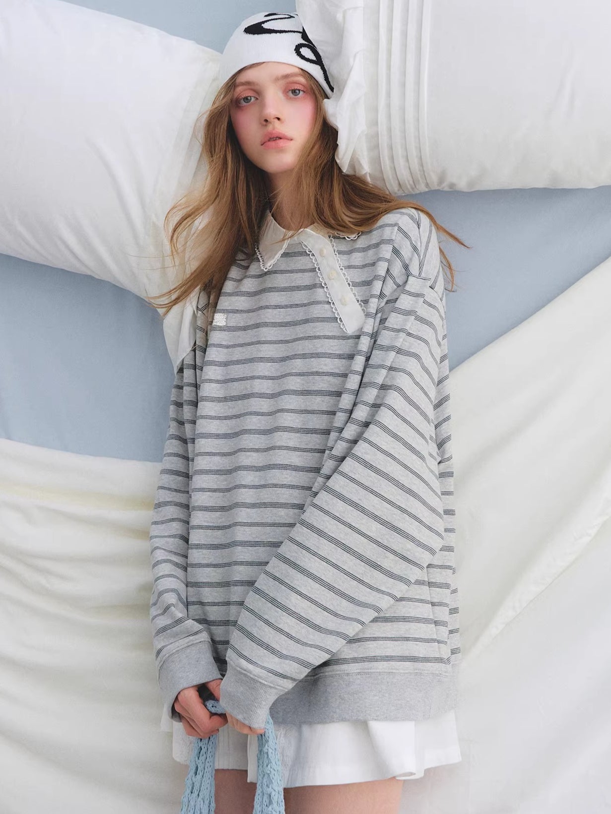 Placket Ruffle Collar Striped Sweatshirt