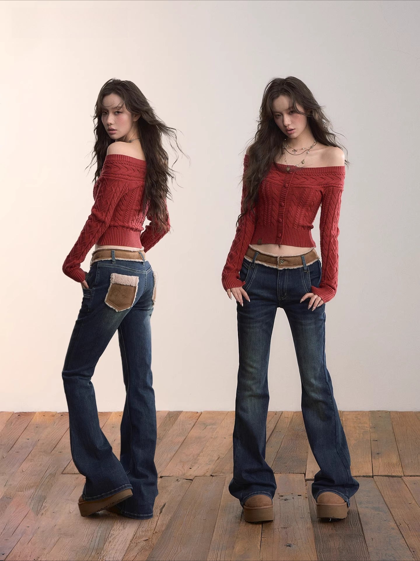 Contrast Panel Faux Fur Waist  Flare Jeans