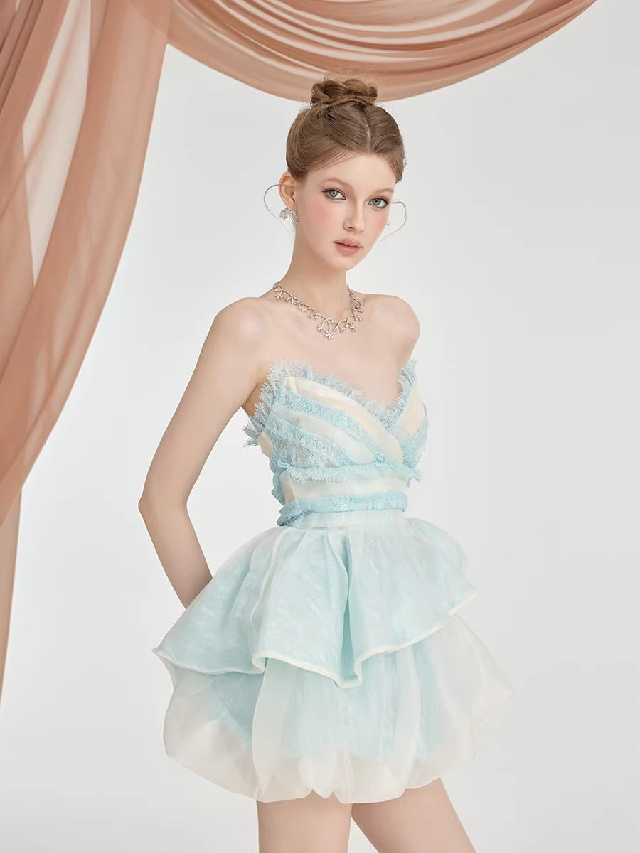 Puff Skirt & V-Neck Bandeau Two-Piece Set