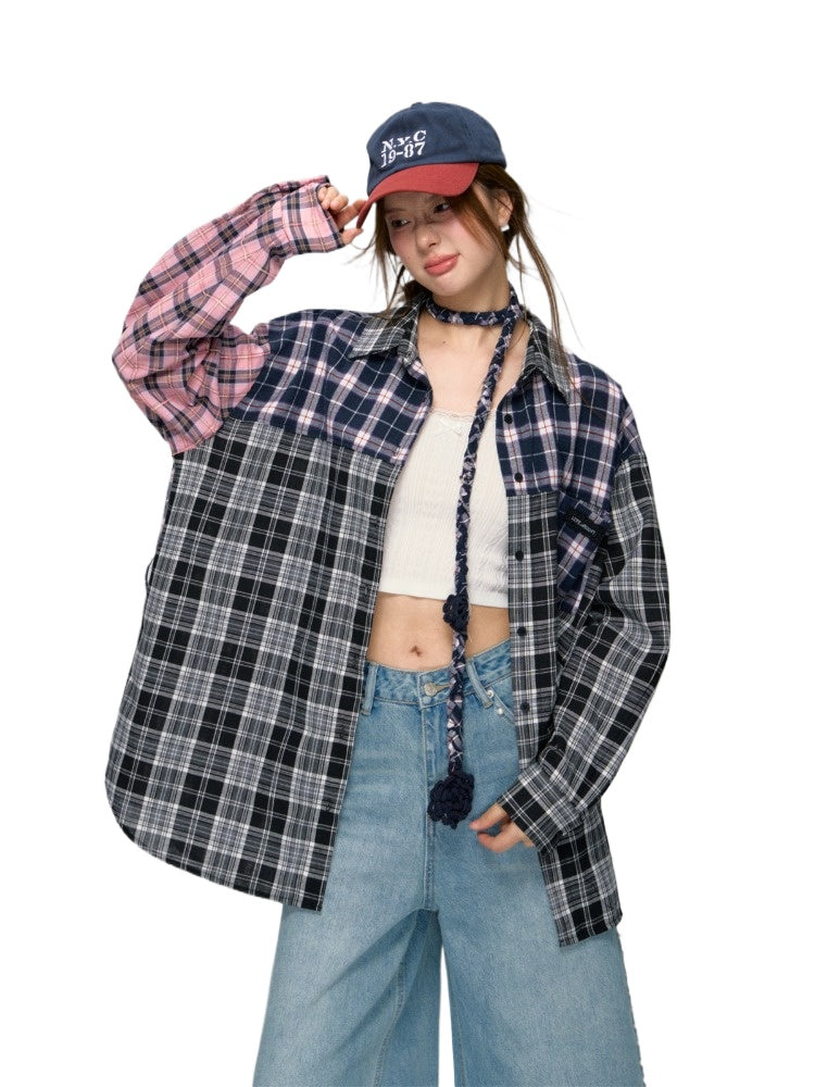 Black Patchwork Plaid Shirt - CHINASQUAD