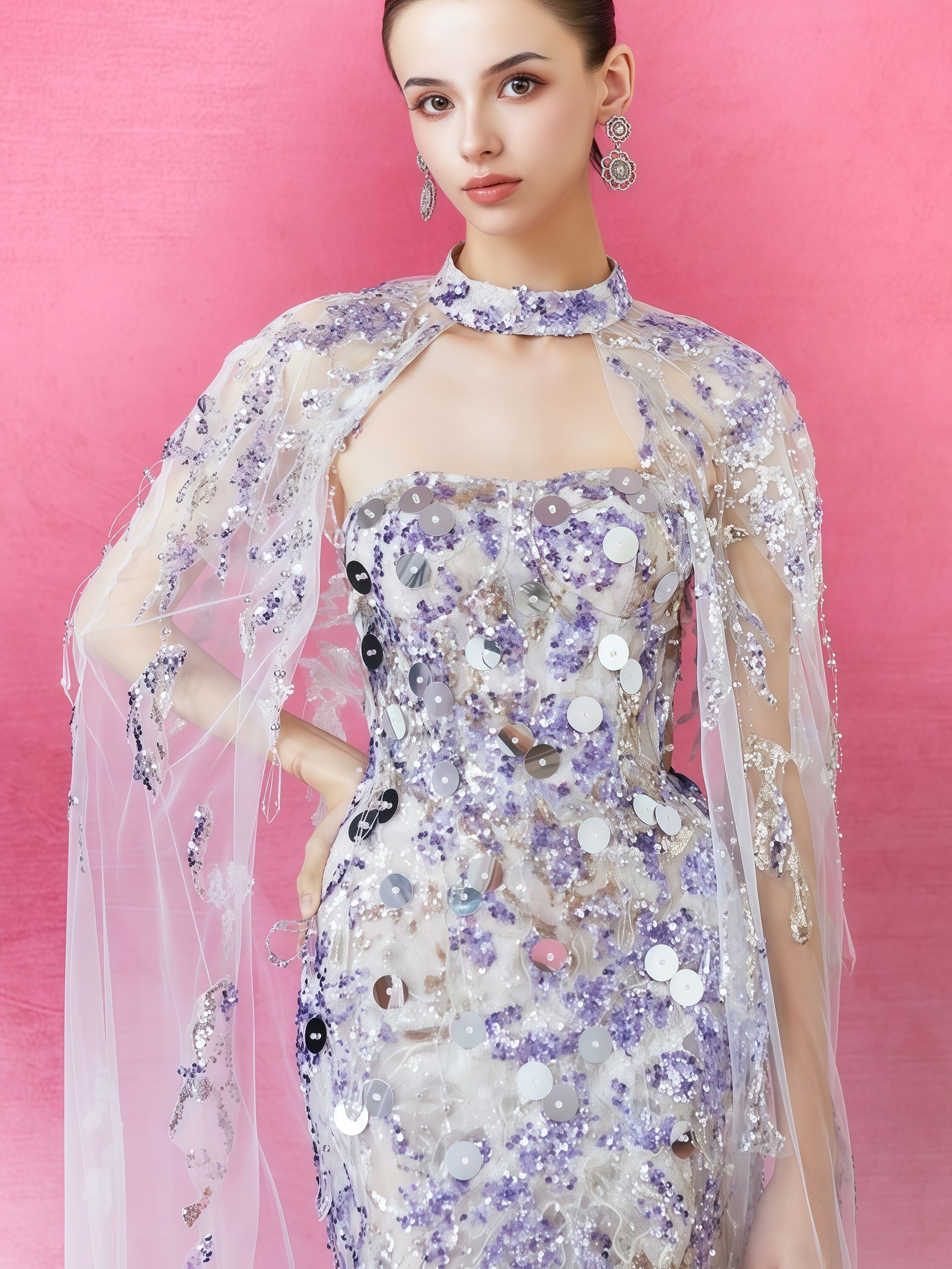 Iridescent Sequin Illusion Cape Mermaid Gown