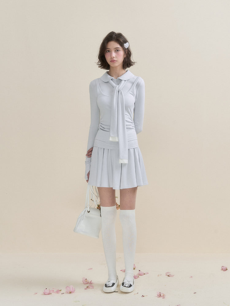 White & Blue Collared Knit Top & Skirt Set - CHINASQUAD