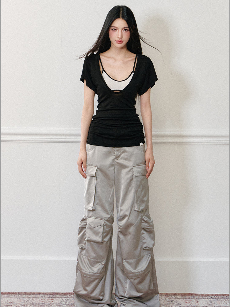 Color-Block Real Two-Piece U-Neck T-Shirt - CHINASQUAD