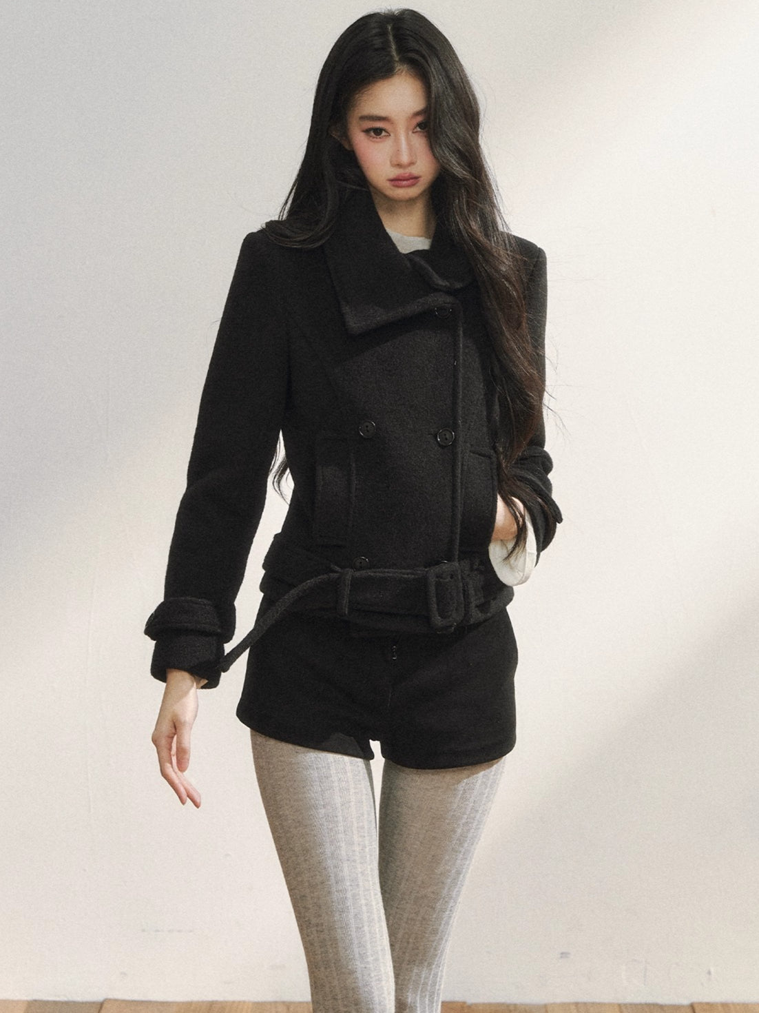 Black Wool-Blend Detachable Hem Double-Breasted Coat