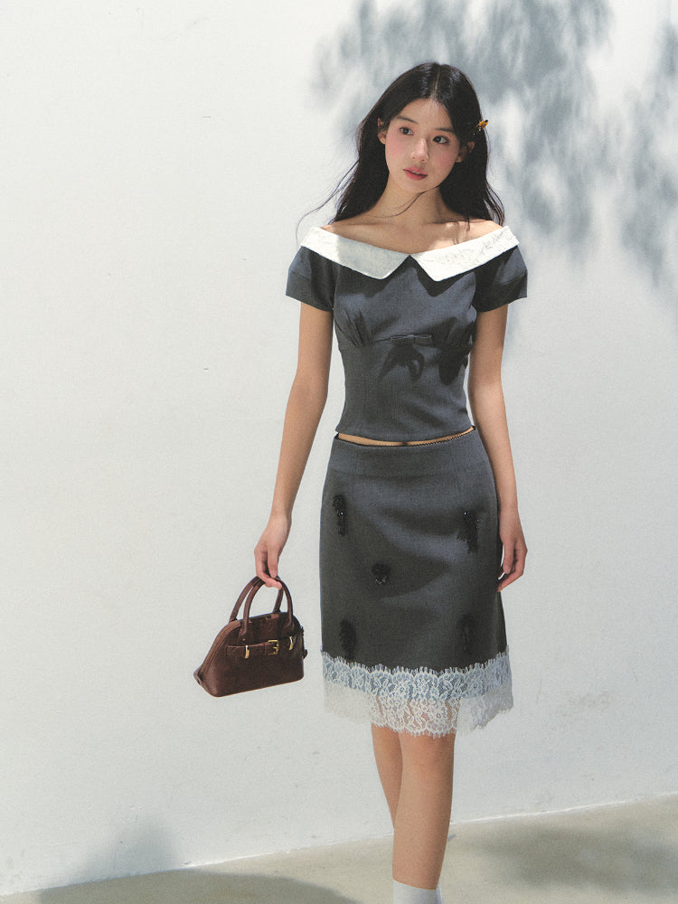 Dark Gray Princess Sleeve Top & skirt set - CHINASQUAD