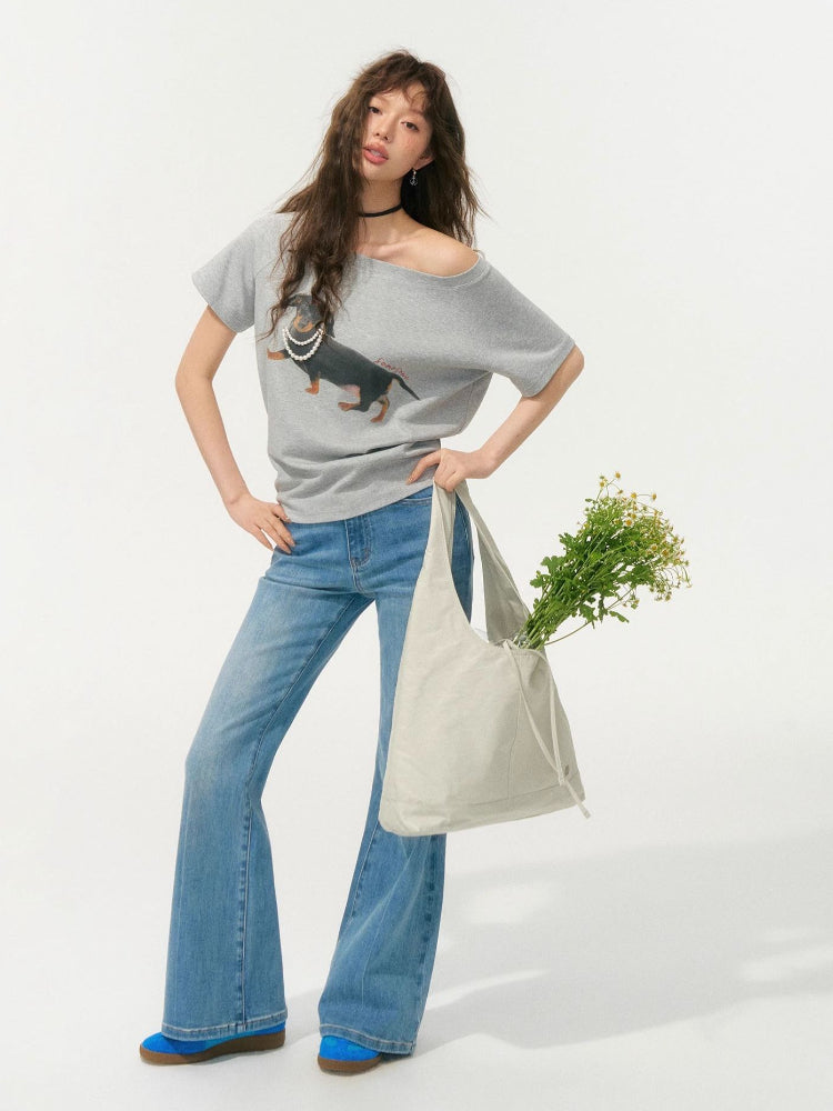 Off-Shoulder Pearl Embroidered Asymmetrical T-shirt - CHINASQUAD