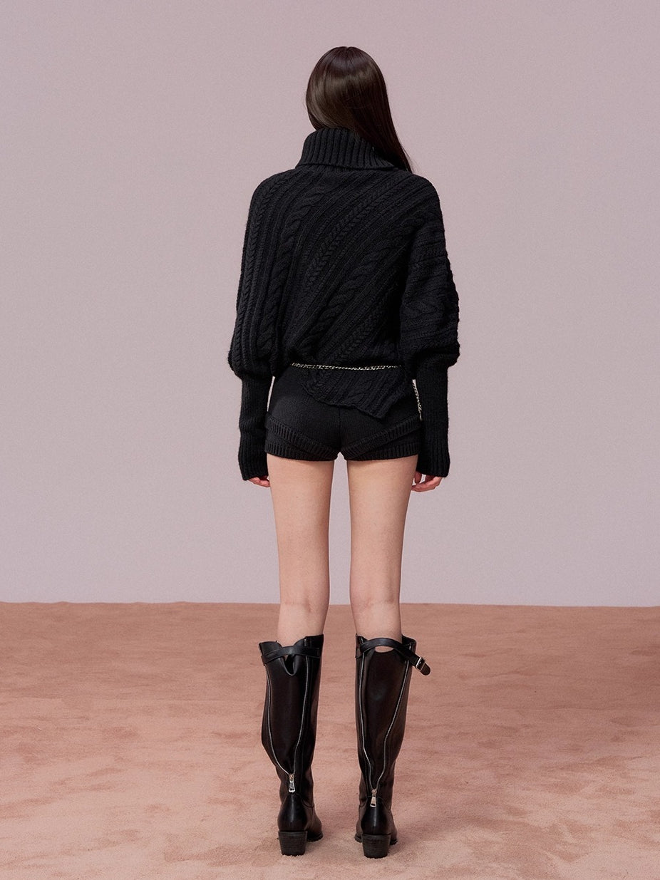 Leather-Buckle Thickened Cape Sweater