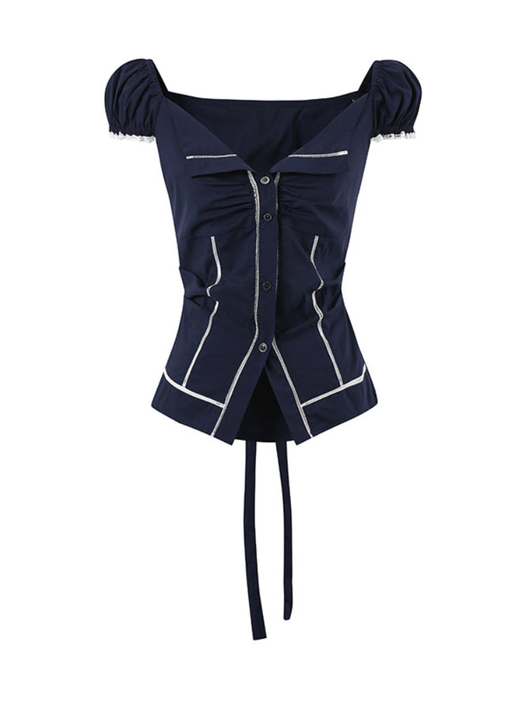 Lapel Waist-Cinching Lace Elastic Shirt - CHINASQUAD