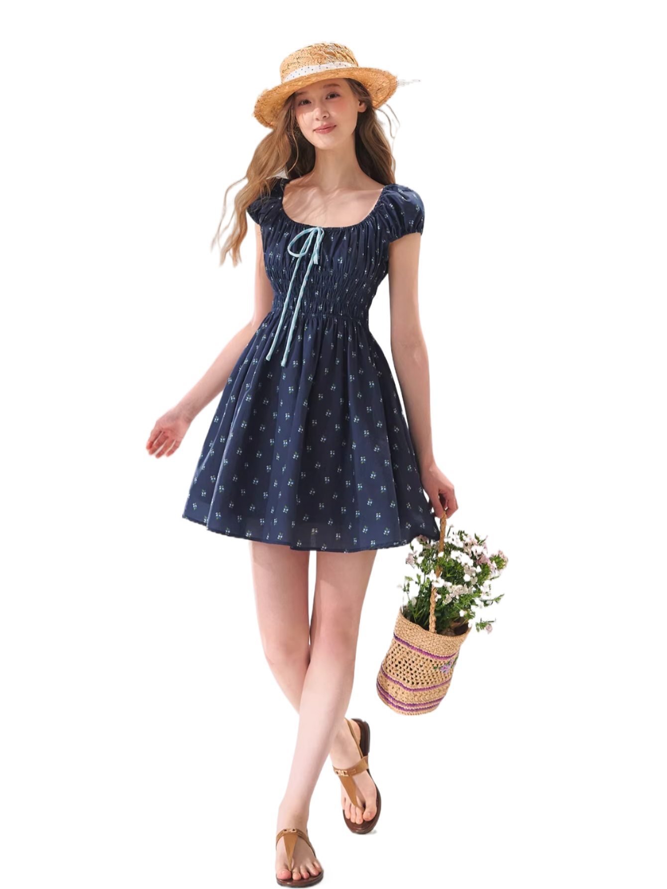 French Floral Tie-Waist Square Neck Puff Sleeve Dress