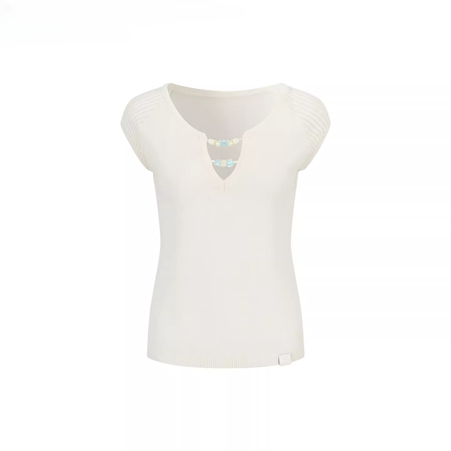 Beaded V-Neck Slim Knit T-Shirt