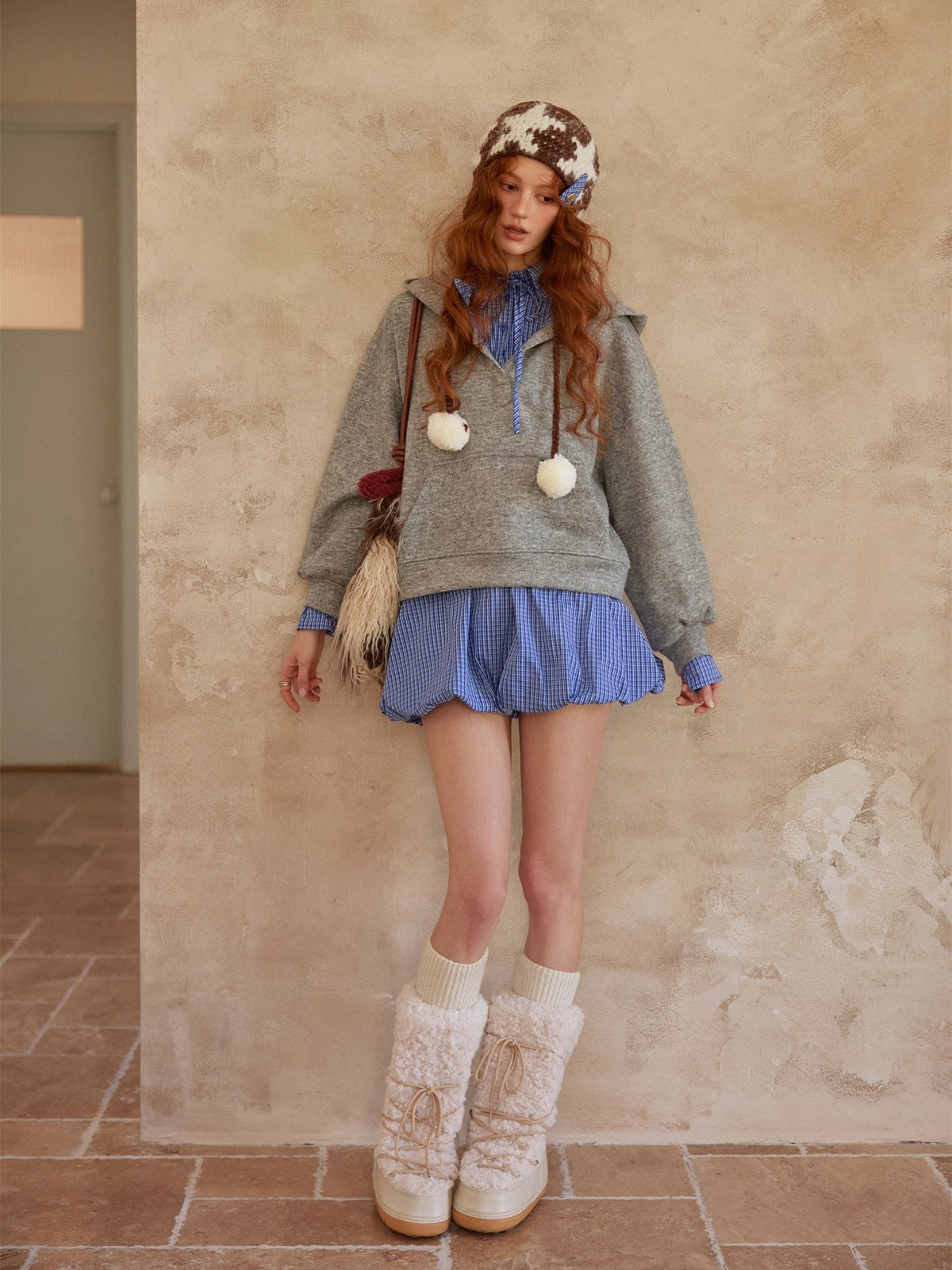 Three-Piece Set Plaid Patchwork Layered Sweatshirt & Bottom Set - CHINASQUAD