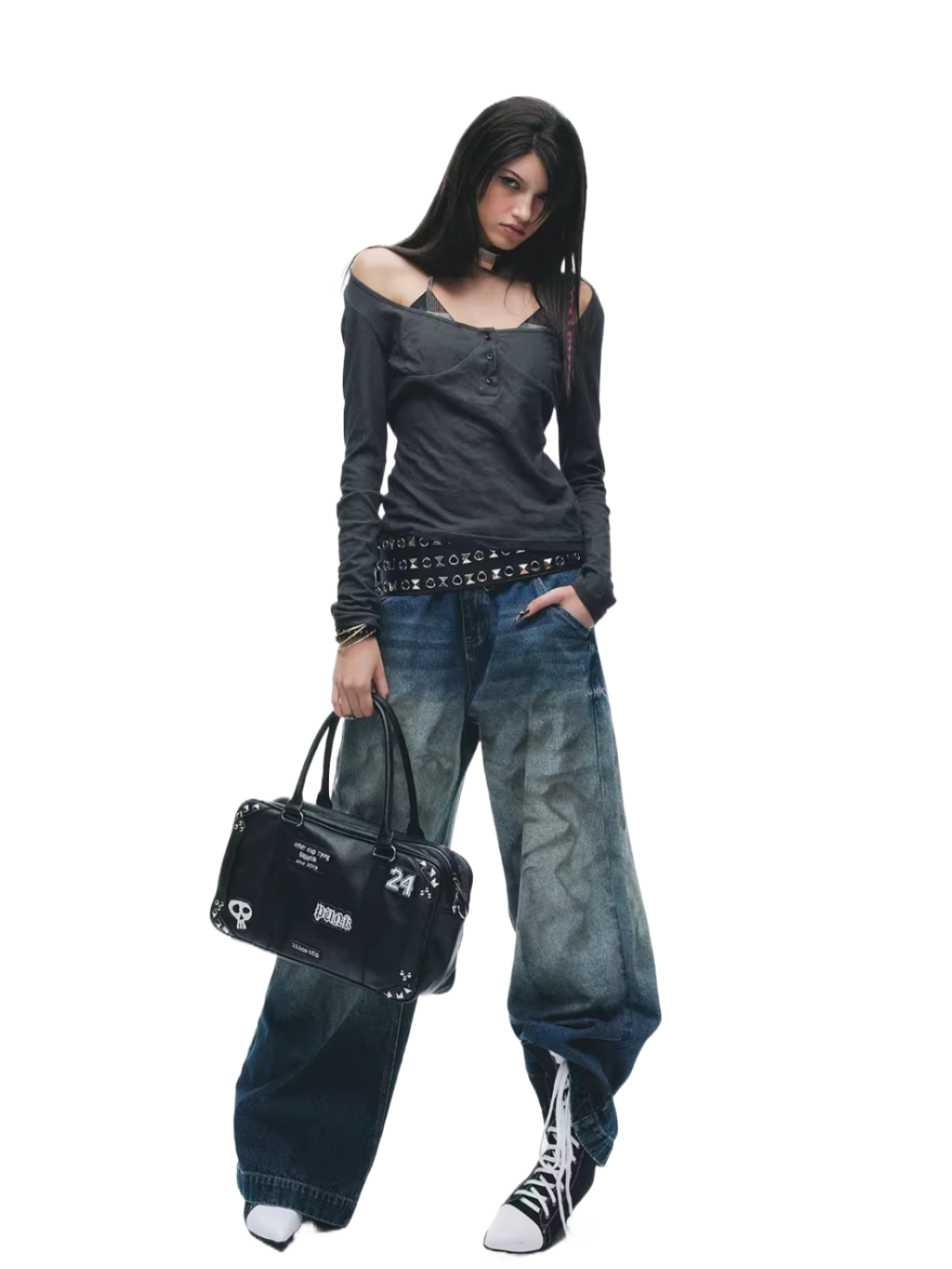 Y2K Grunge Washed Off-Shoulder Layered Long Sleeve Top