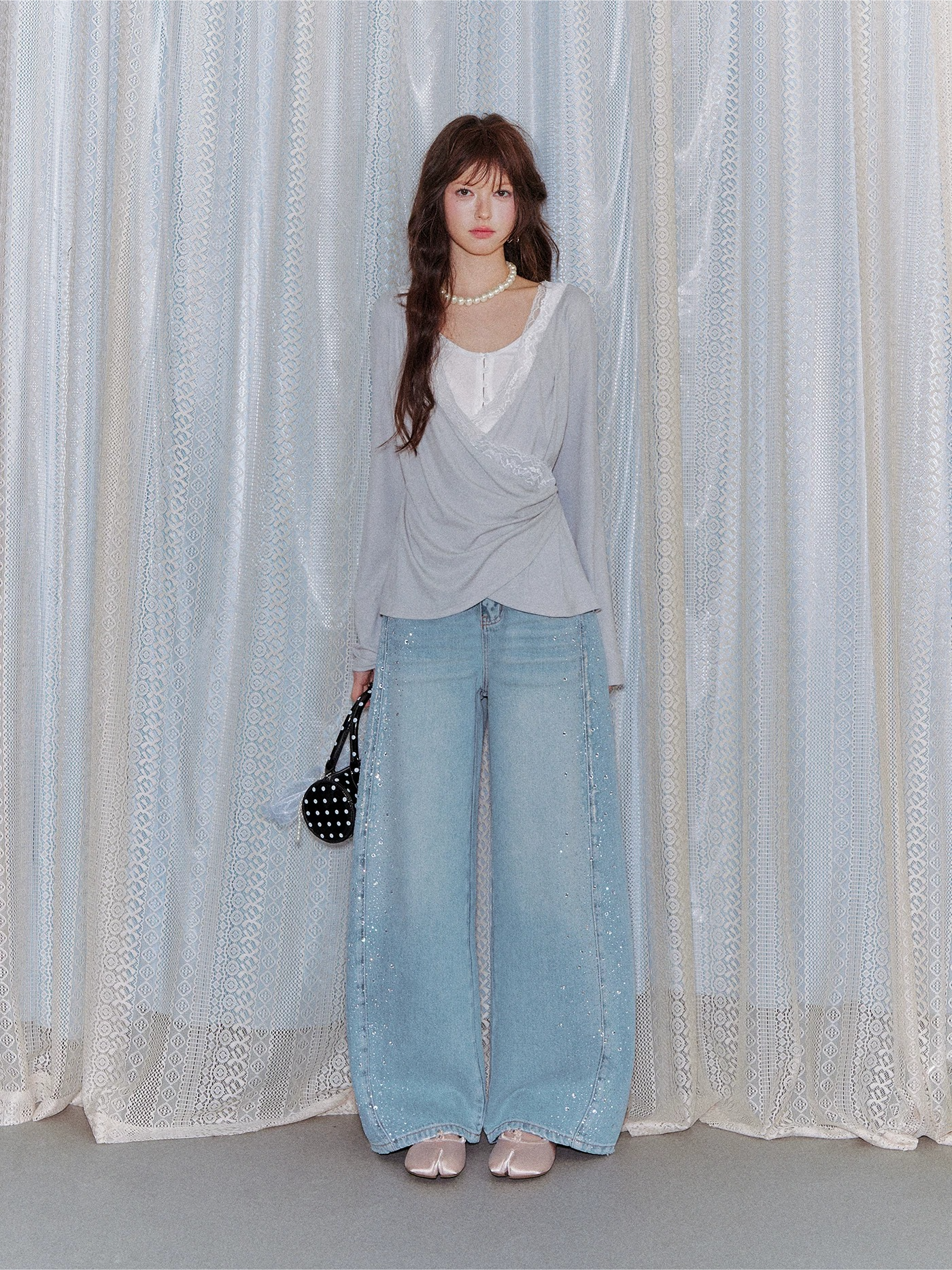 Lyocell Washed Rhinestone Curved-Leg Wide Denim Pants