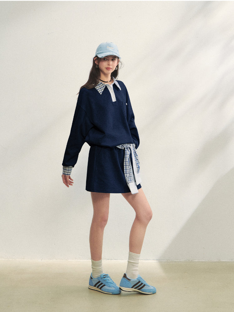 Fake Two-Piece Checkered Shirt Panel Sweatshirt - CHINASQUAD