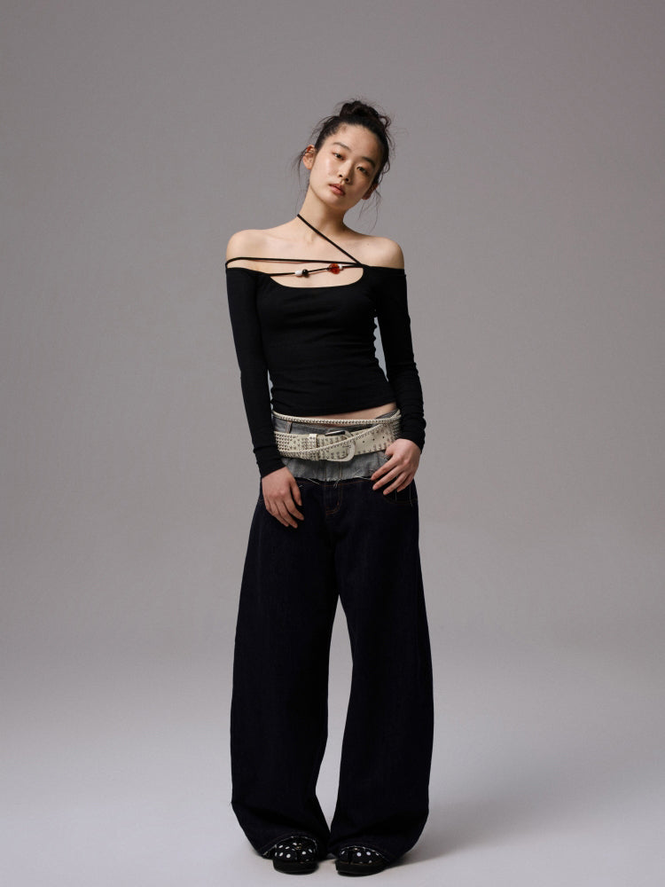 Double Waistband Raw Denim Wide-Leg Jeans - CHINASQUAD