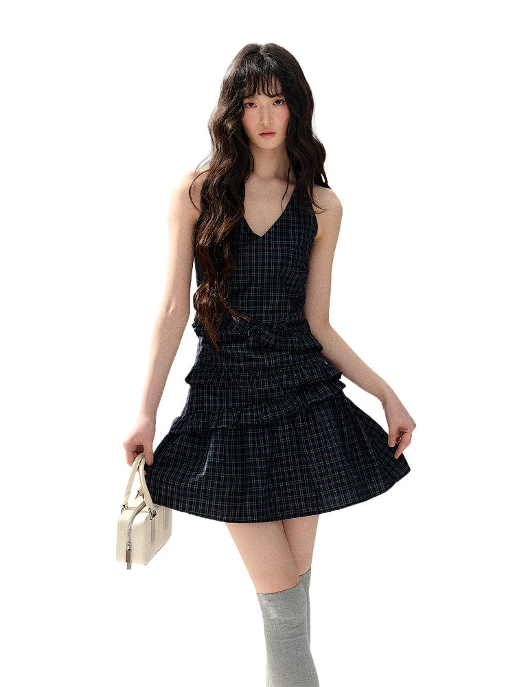 Waist-Cinching Sleeveless Plaid Dress - CHINASQUAD