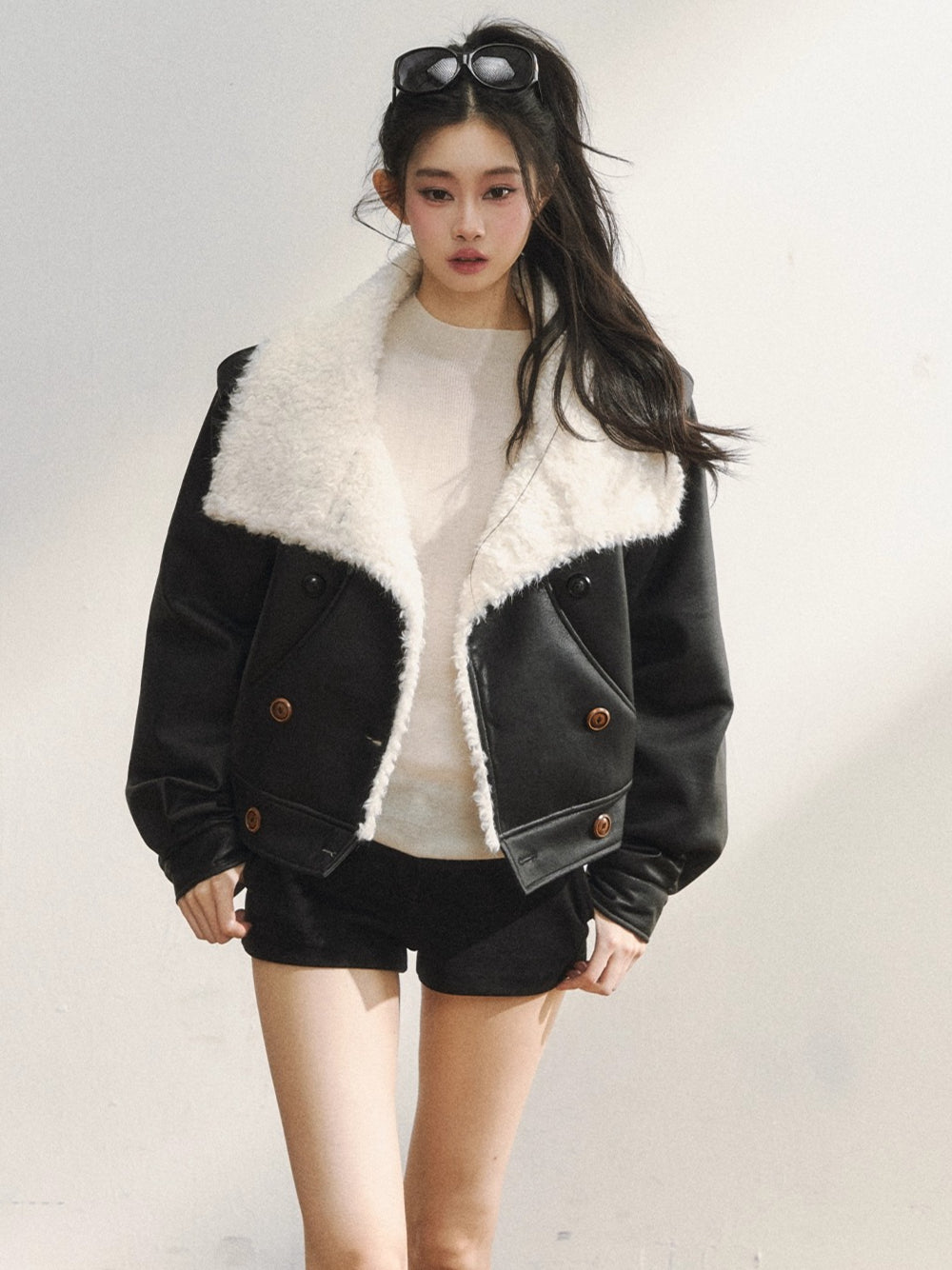 Black Faux Shearling Double-Breasted Leather Jacket