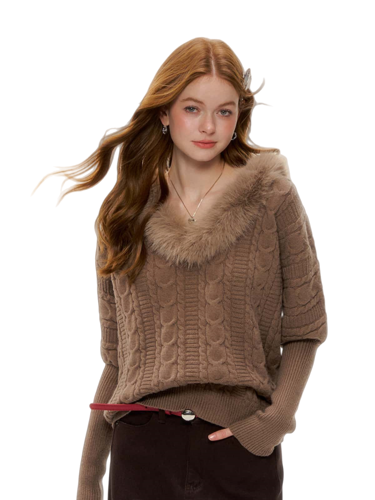 Cable-Knit V-Neck Waist-Shaping Sweater