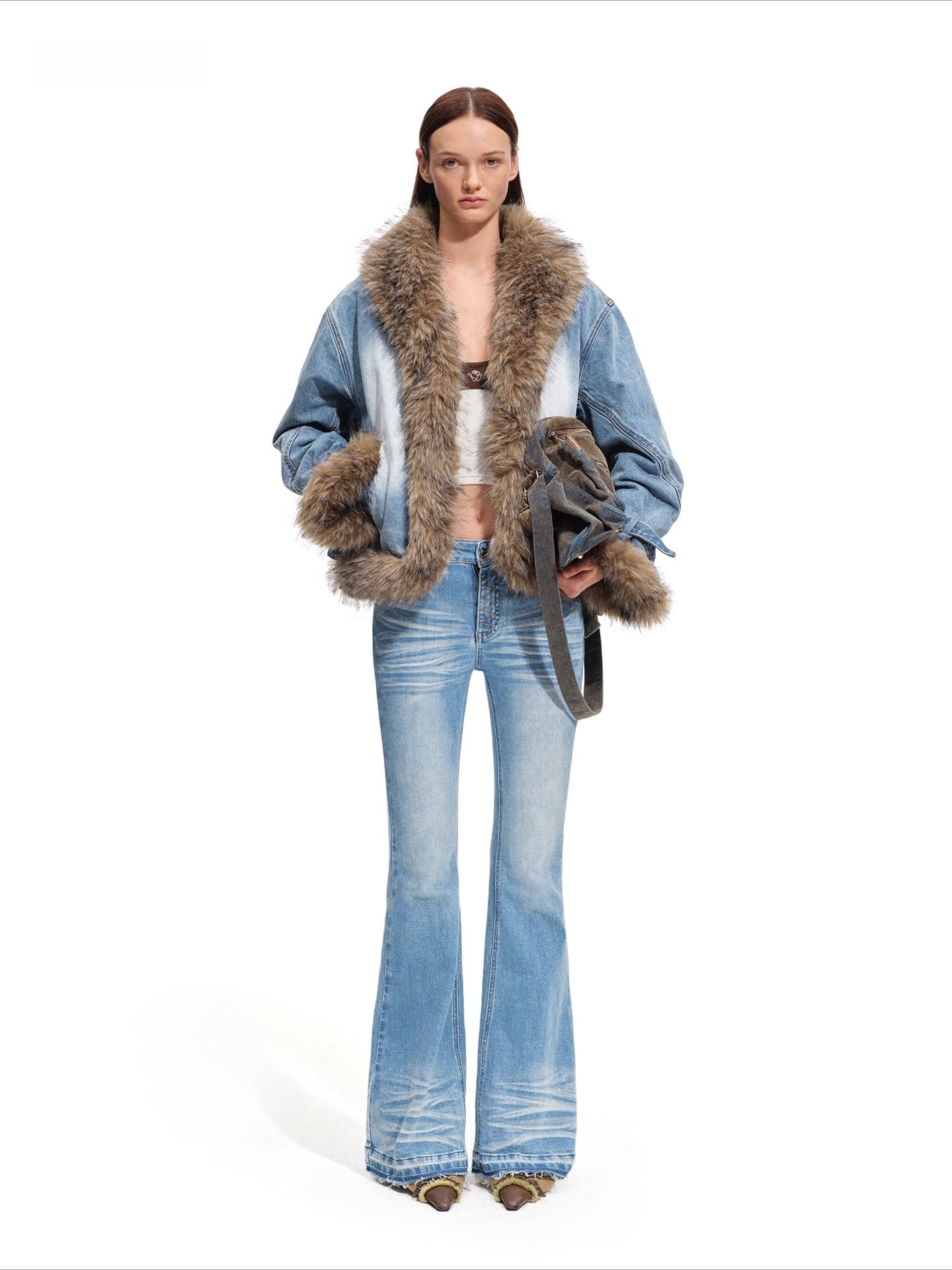 Faux-Fur Trim Washed Denim Jacket