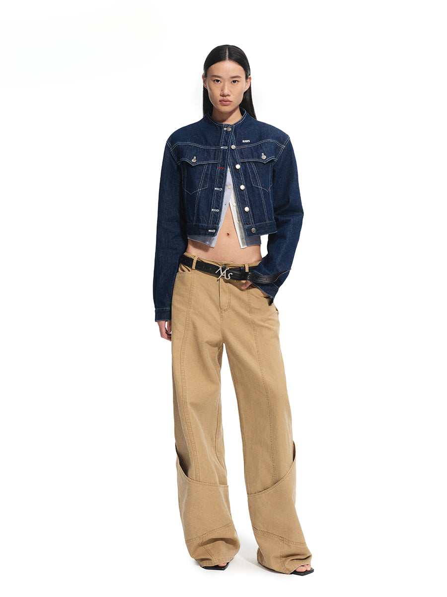 Denim Stand-Collar Regular Shoulder Cropped Jacket - CHINASQUAD