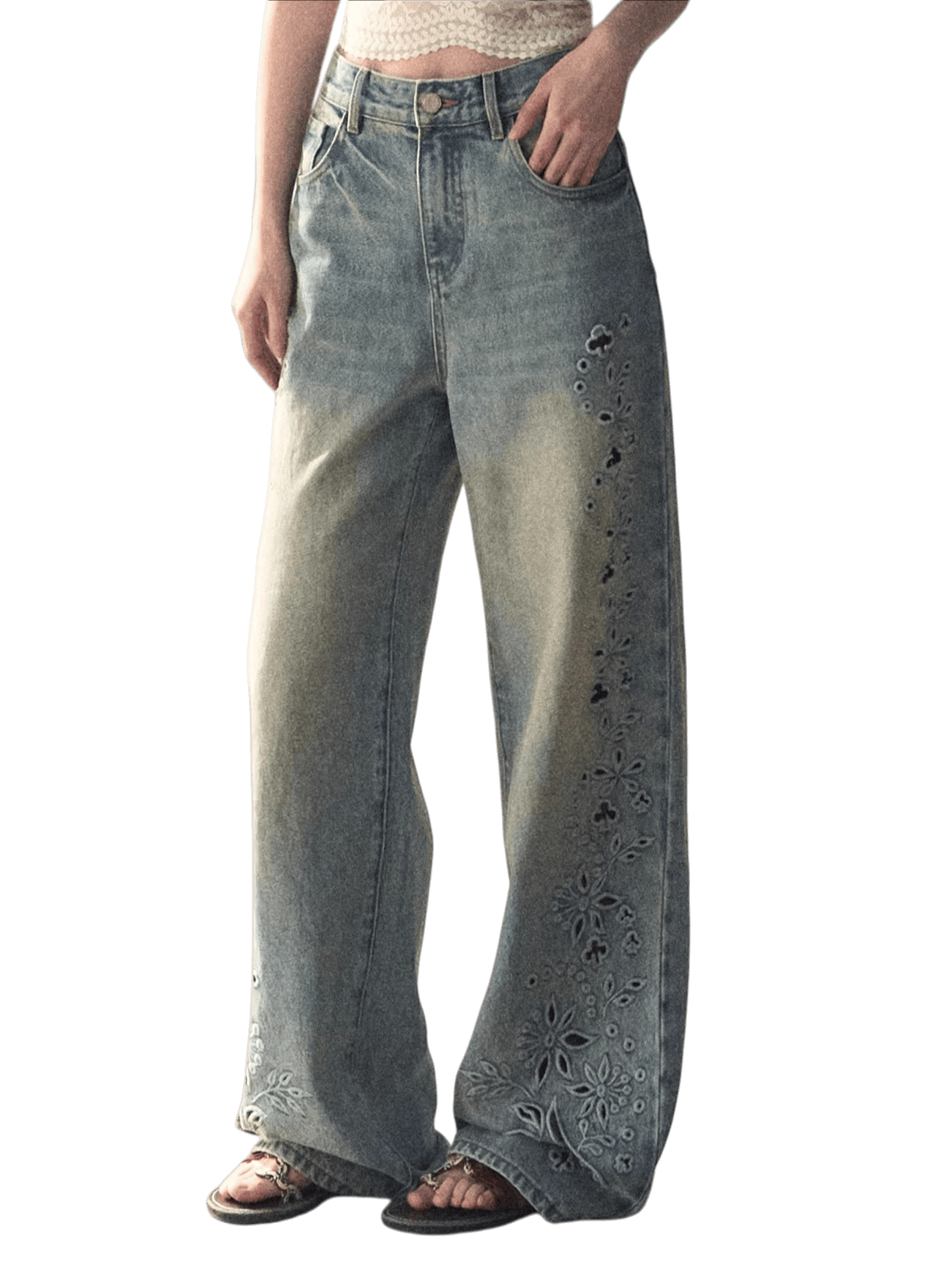 Washed Straight-Leg Wide Denim Pants