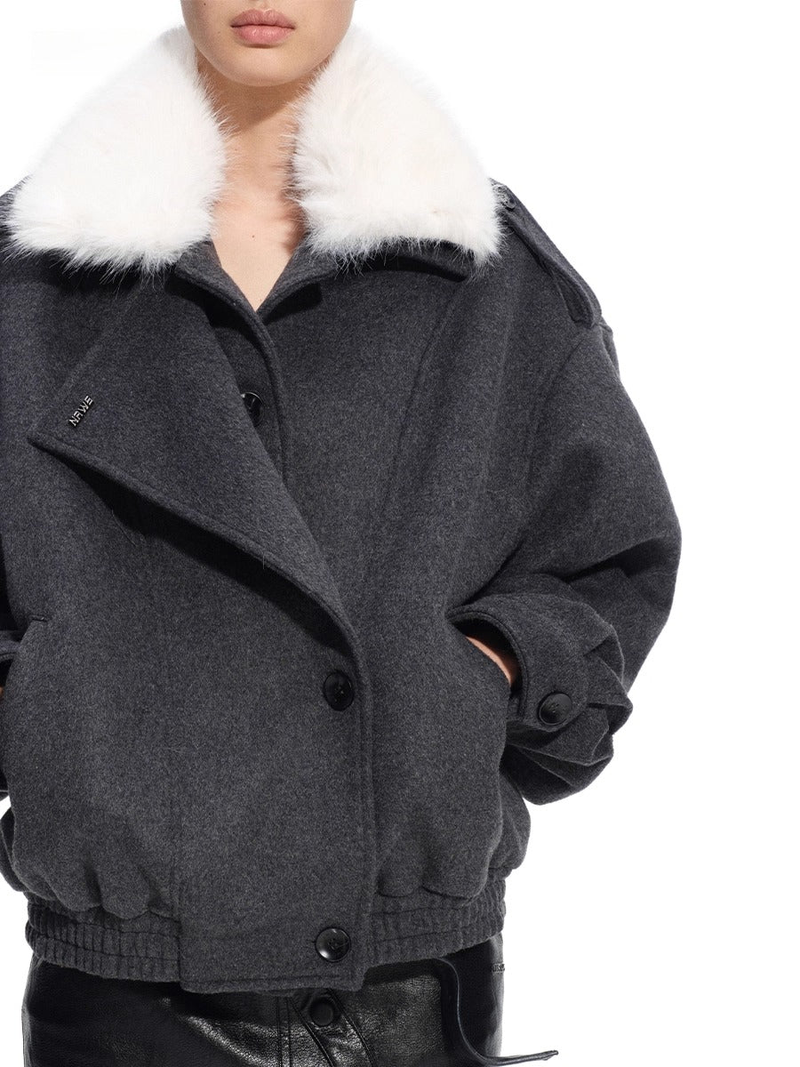 Faux Fox Fur Wool-Blend Aviator Jacket - CHINASQUAD