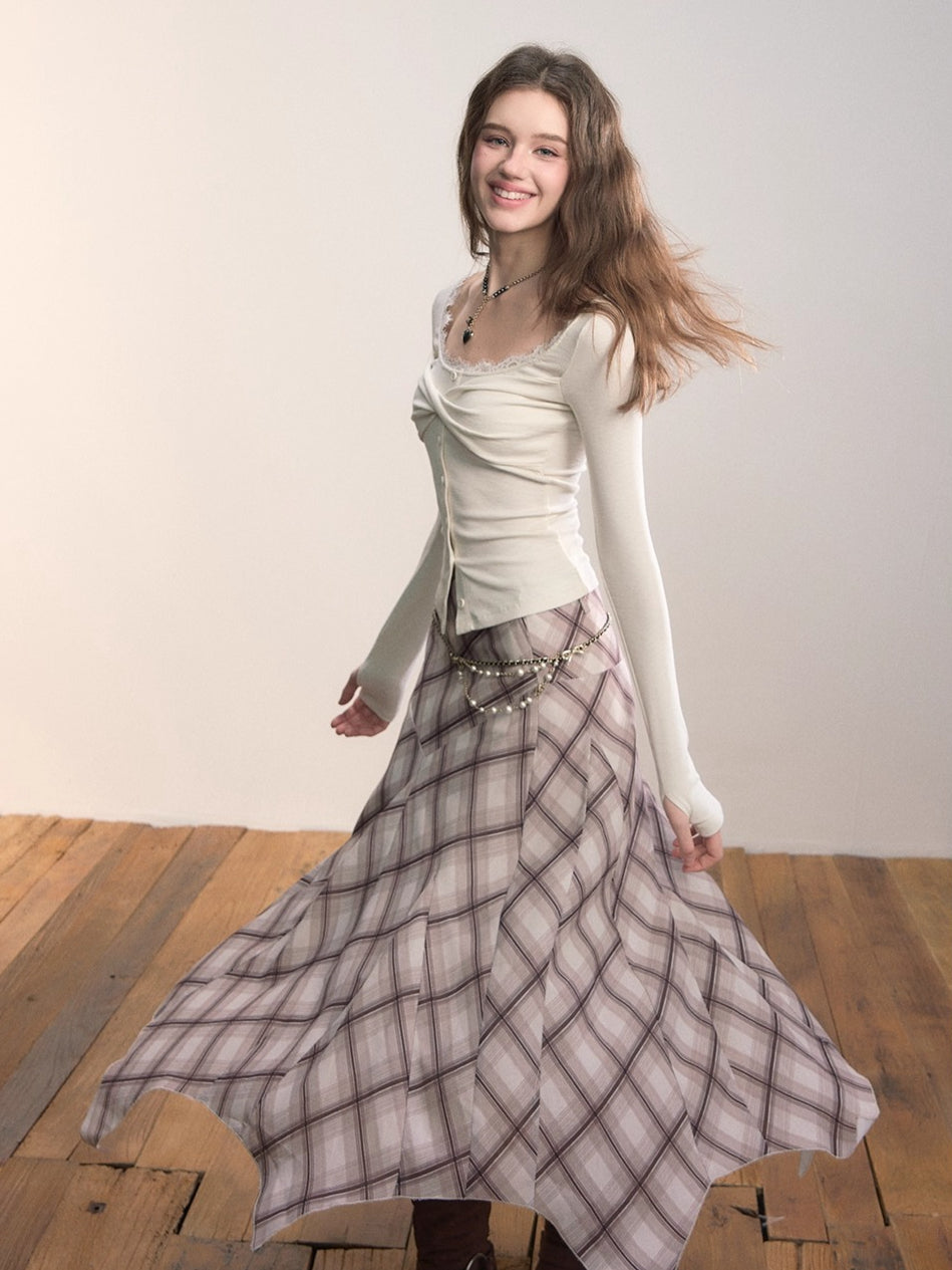 Lace Trim Button-Up Fitted Long Sleeve T-Shirt - CHINASQUAD