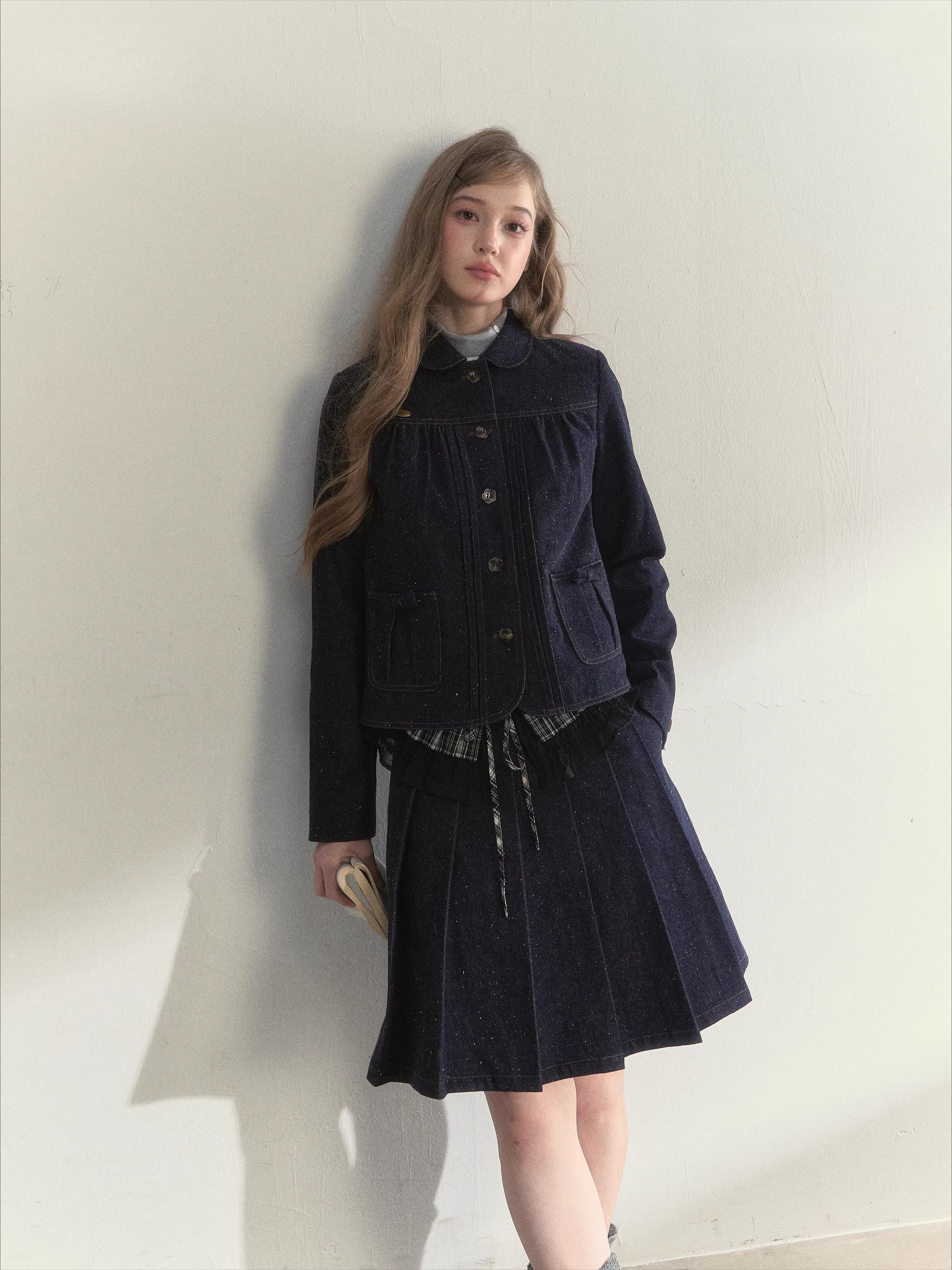 Polka-Dot Denim Quilted Jacket & Skirt Set