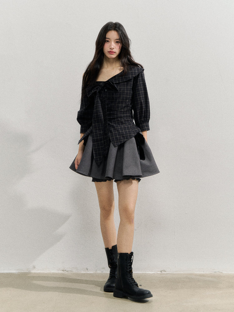 Checkered Bow One-Shoulder Asymmetric Waist-Cinching Shirt - CHINASQUAD