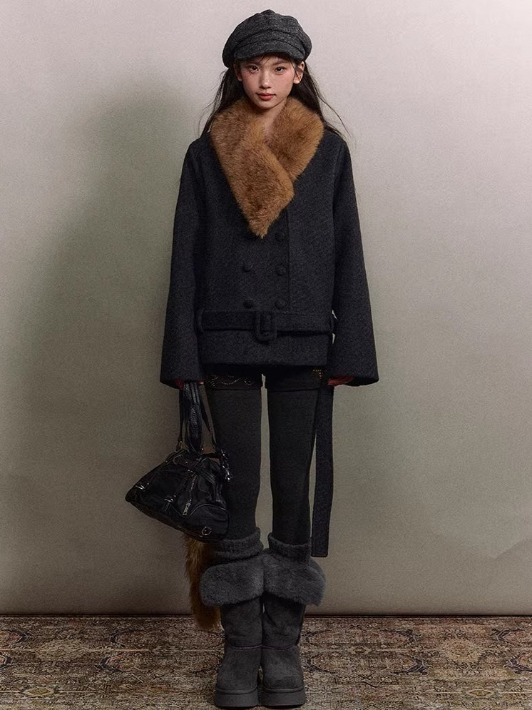 Fur-Collar Double-Breasted Wool Jacket