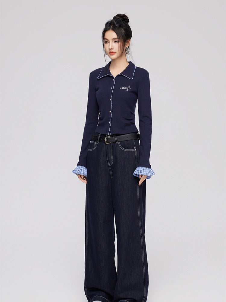 Plaid Splicing Knit Blouse - CHINASQUAD