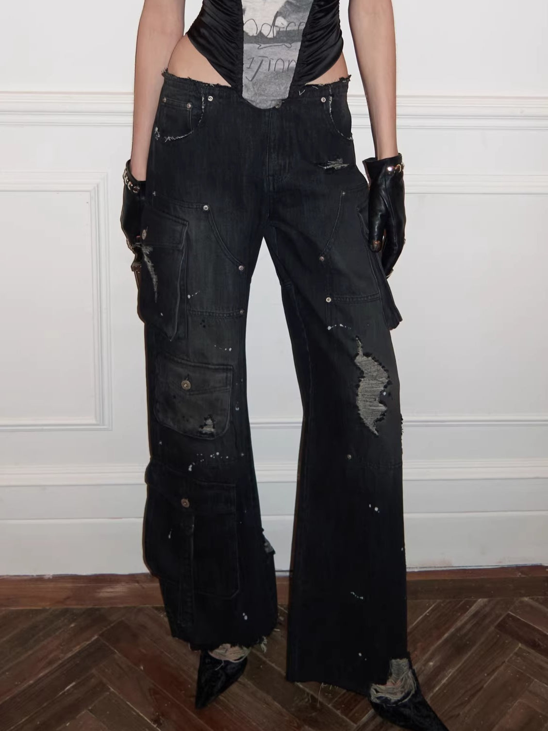 Vintage Multi-Pocket Washed Denim Cargo Pants