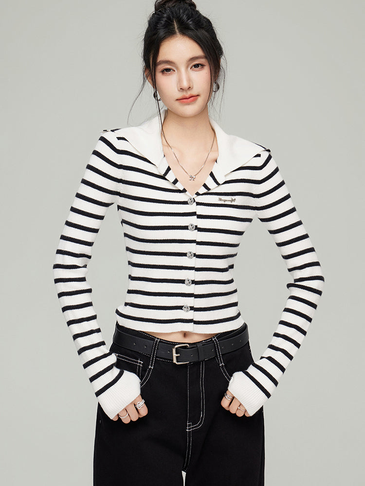 Navy Collar Ribbed Knit Cardigan  - CHINASQUAD