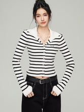 Navy Collar Ribbed Knit Cardigan  - CHINASQUAD