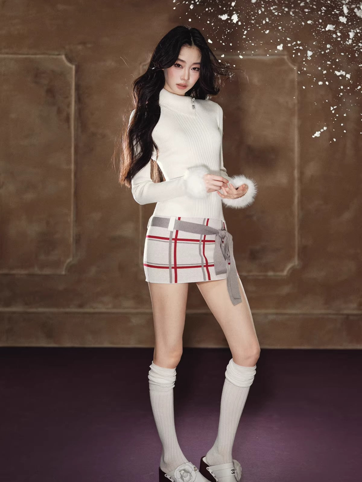 Faux-Fur Turtleneck Belted Slim-Fit Dress