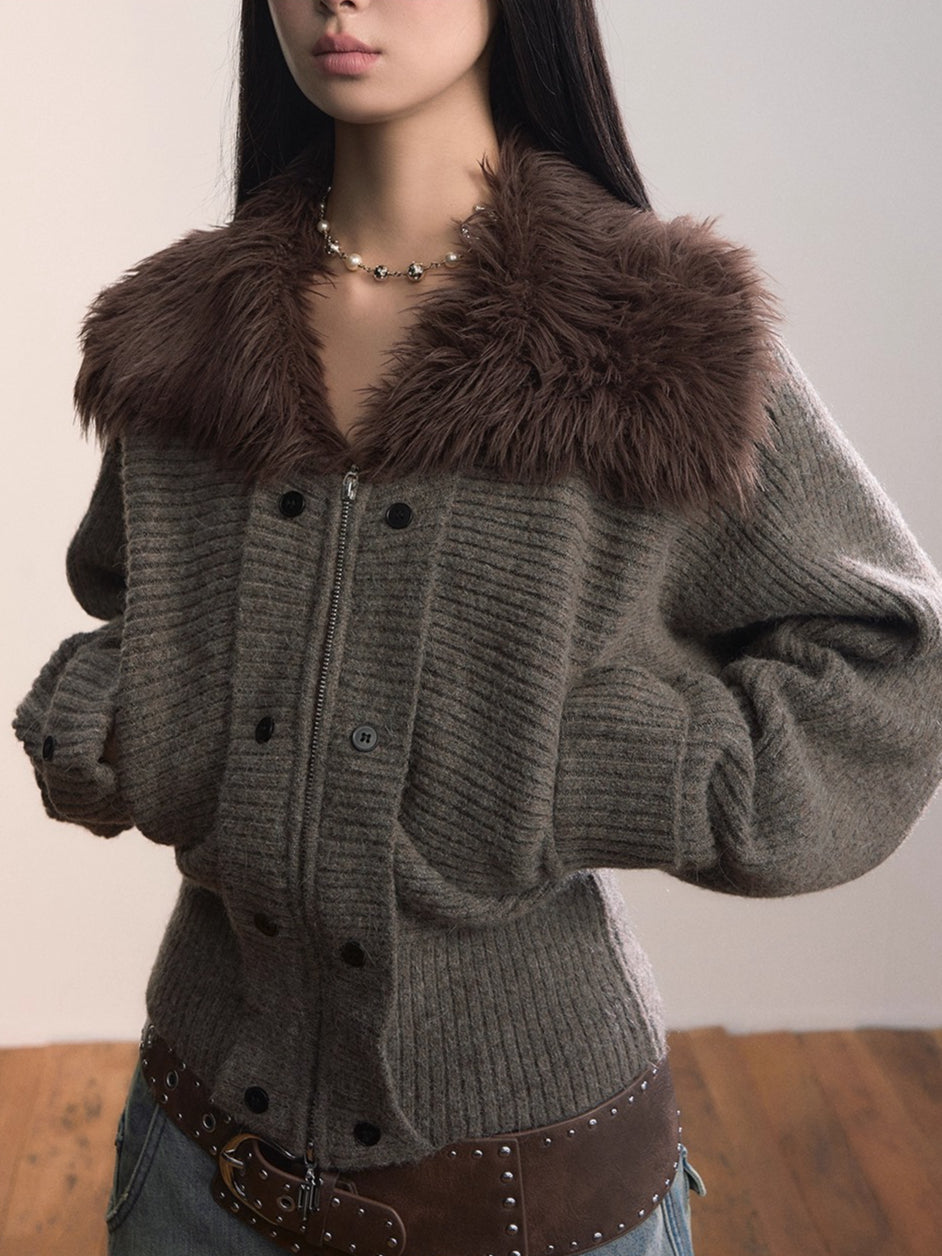 Faux Fur Collar Knit Jacket