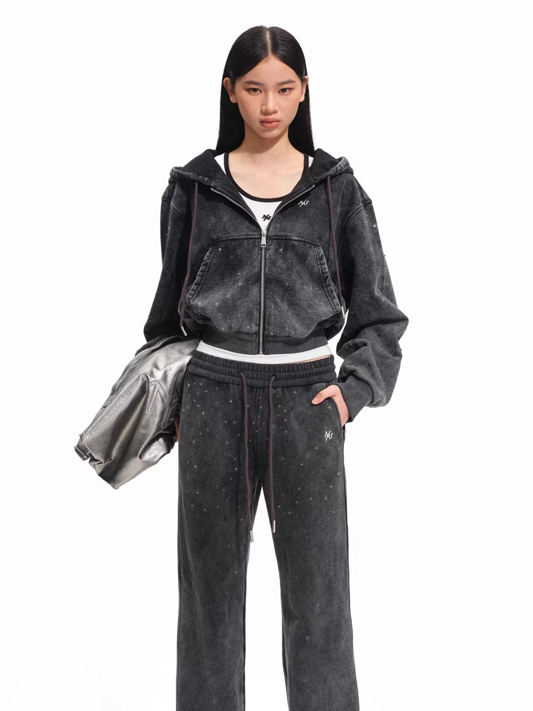 Embellished Washed Cotton Cropped Hoodie